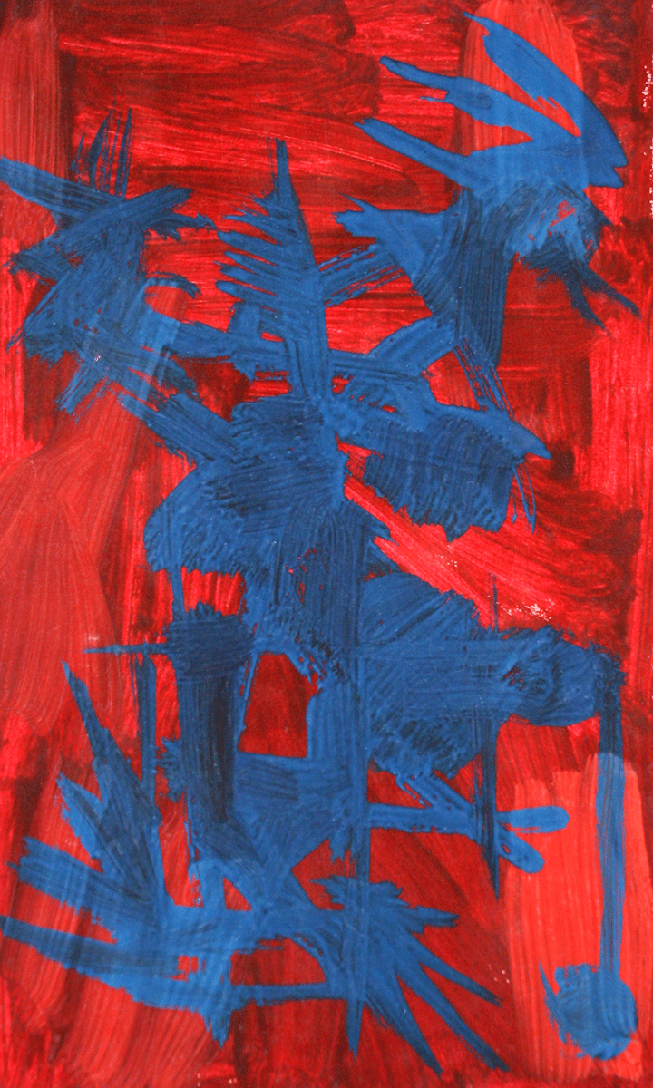 Abstracción azul sobre fondo rojo